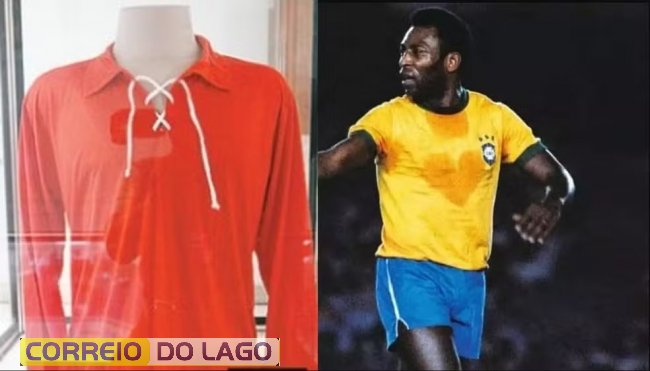 Imagem da camisa vermelha usada pela seleção brasileira de futebol em 1917 e a tradicional