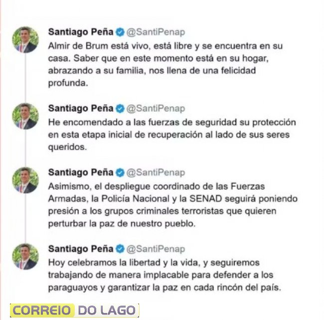 Em suas redes sociais, o Presidente do Paraguai, Santiago Peña, escreveu sobre o reaparecimento de Almir Brum.